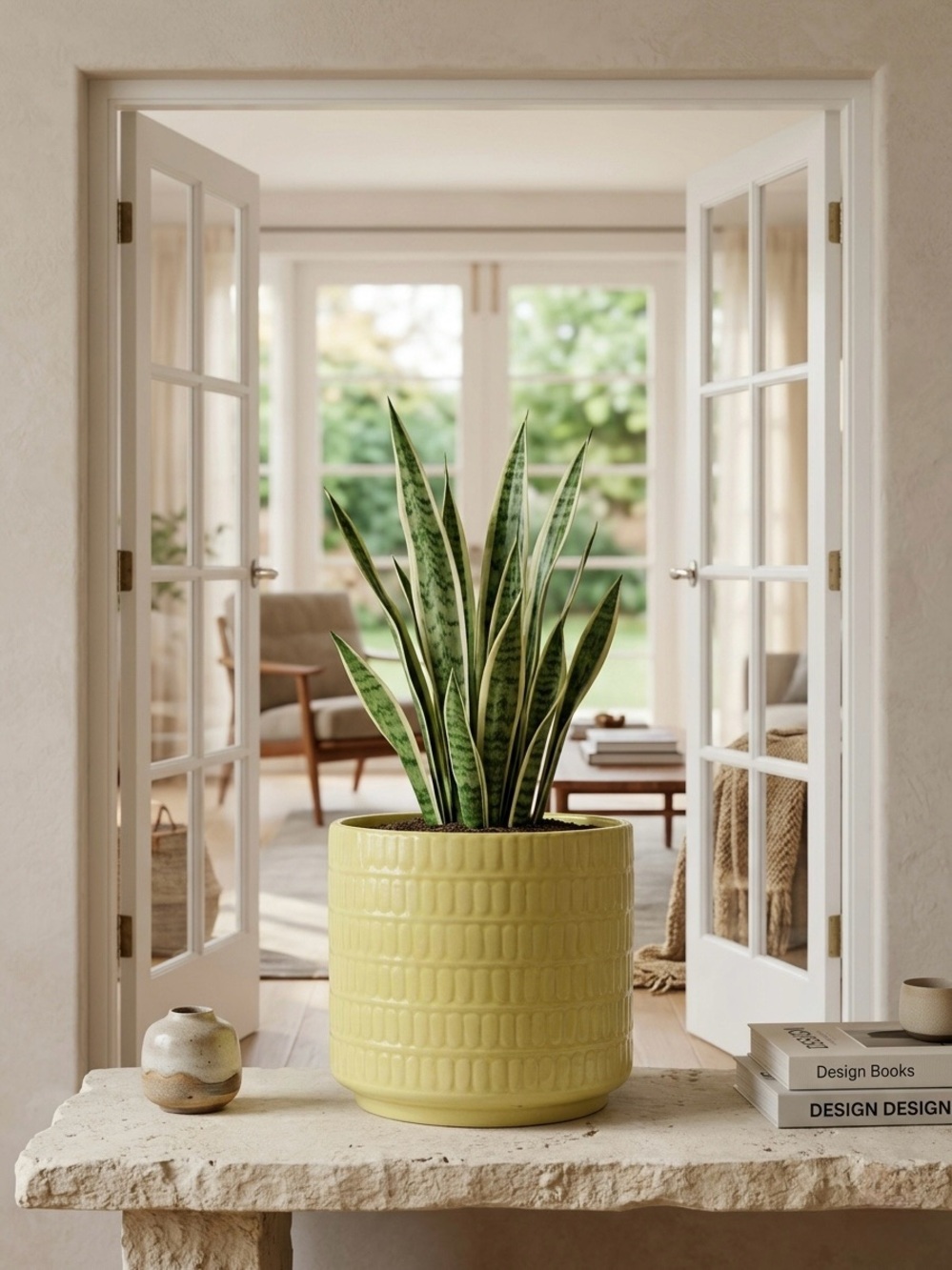 6” Large Yellow Ceramic Planter - Modern Textured Indoor Pot